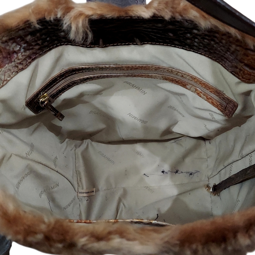 Brahmin Shira Genuine Shearling Croc Embossed Leather Bucket Shoulder Bag EUC - Picture 12 of 13